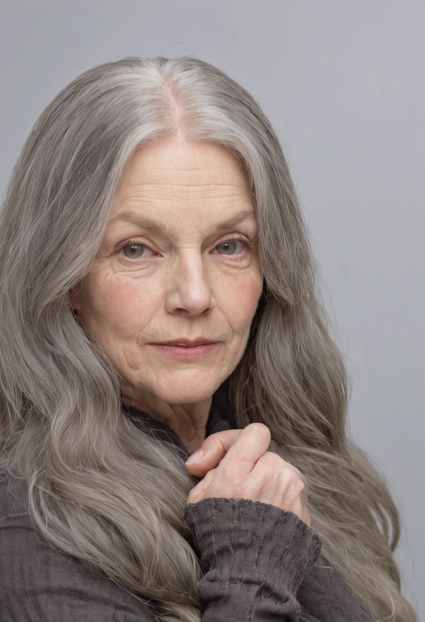 An older woman with long gray hair and a black jacket - SeaArt AI