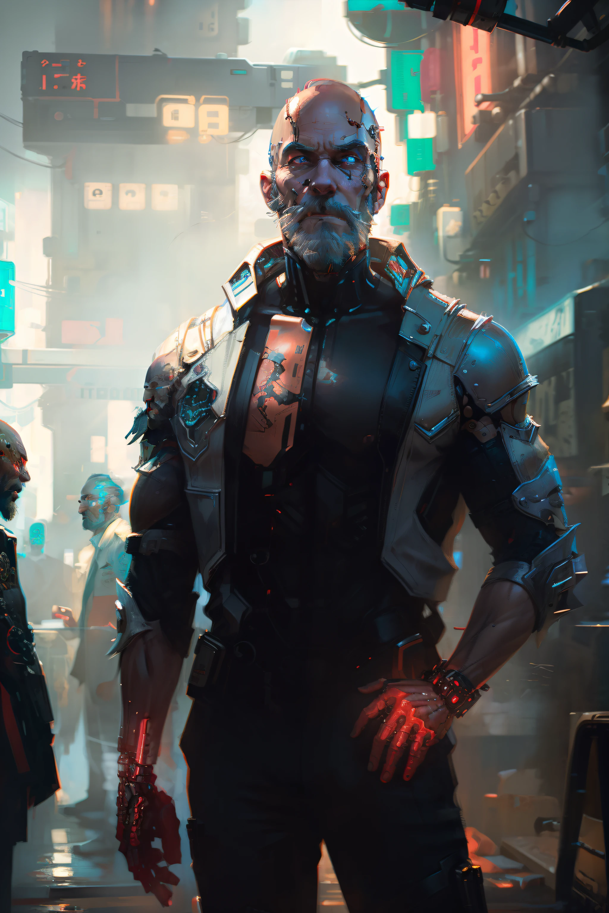 maduro, pronto uno, años 50, complexión delgada, barba blanca rala, ojos rojos intensos que brillan, aumento cibernético del cuello, fusión de la edad y la tecnología, sabiduría, resiliencia, estética Cyberpunk 2077.