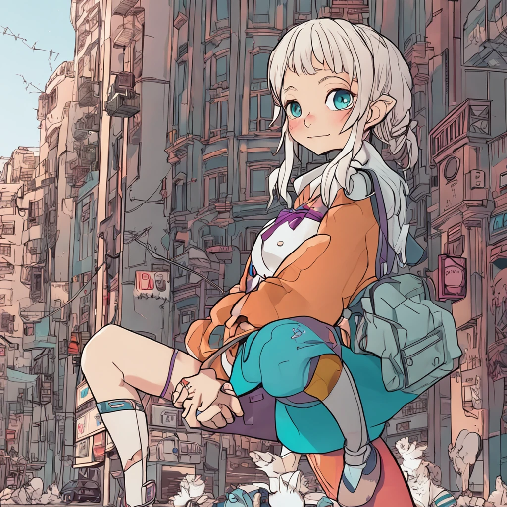 Anime girl with white hair and blue eyes sitting on a skateboard - SeaArt AI