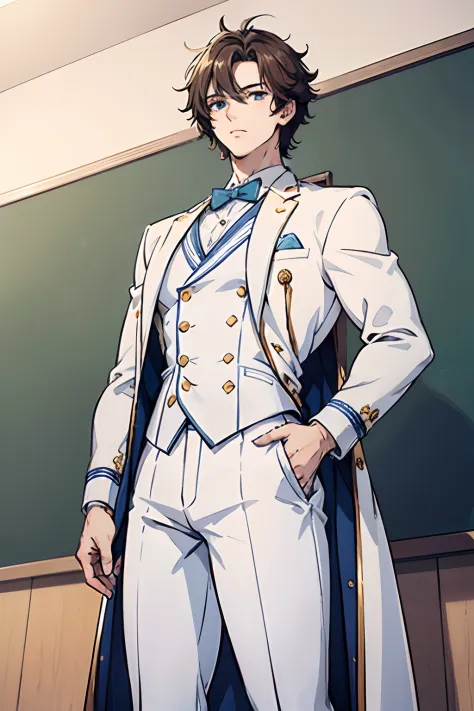 Elite School uniform, white blue clothing, white tuxedo, blue pants, golden buttons, young men, 19 years old, light brown hair, messy hair, very short hair, blue-green eyes, detailed eyes, muscular, tall, 6.3 foot tall, strong, masculine pose, masterpiece,...