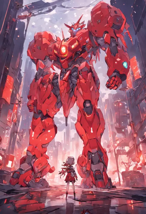 The highest image quality、　（Huge mobile weapons　　Giant Robot Weapons、　Super Power Tracer、　Raisner、　Pennywise Taste、　Mobilesuit）、　Fight in a war-torn city illuminated by the red moon、　A lot of red spherical drones are floating、　Full body portrait, vibrant d...