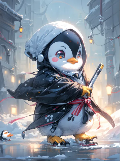 penguin with a backpack on its back walking in the snow, fat penguin, penguinz0, penguin, anthropomorphic penguin, mecha anthrop...