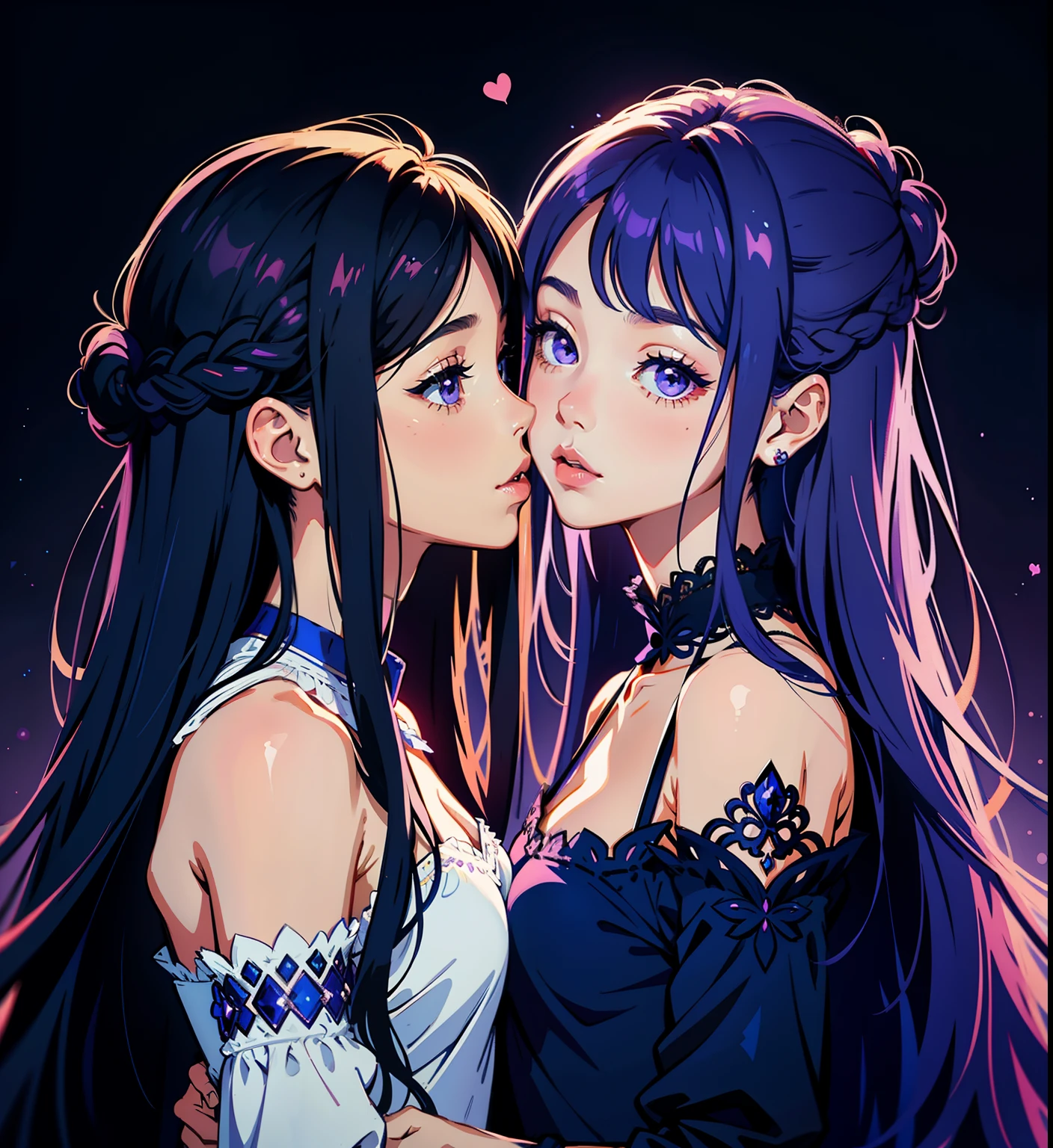 Two anime girls kissing each other in front of a dark background - SeaArt AI