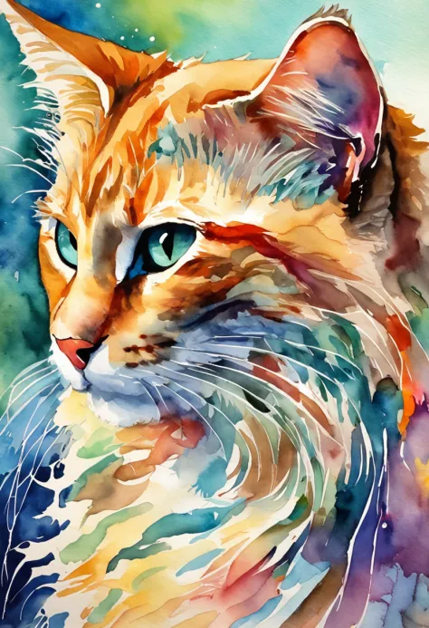 a close up of a cat with a colorful background and a text over it,