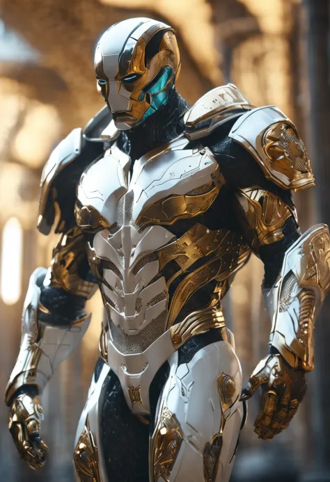 full body shot of Colossus in white and gold armour style suit, no mask on, white cape, looking at center camera, perfect composition, beautiful detailed intricate insanely detailed octane render trending on artstation, 8 k artistic photography, photoreali...