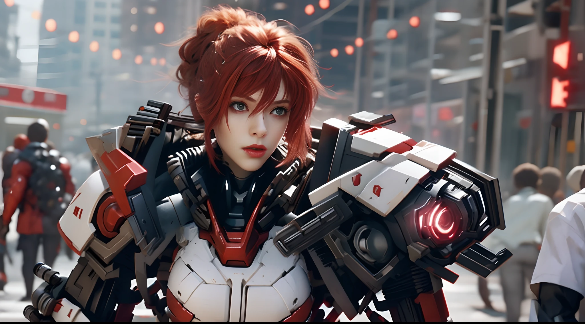 Mech cyborg rojo y blanco femenino，sosteniendo el arma，Estructura mecánica compleja，Estilo urbano cyberpunk，