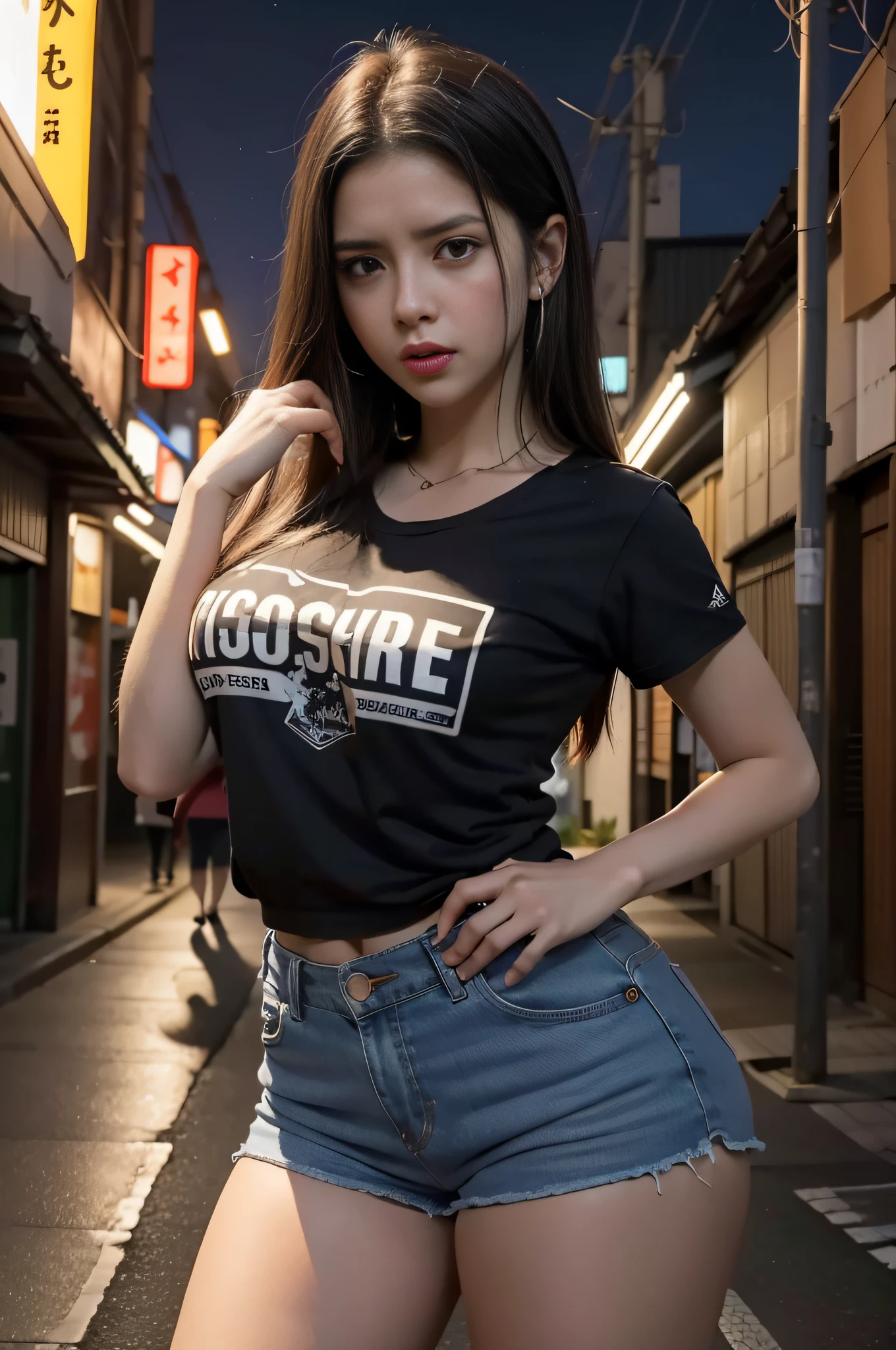 Arafed asian woman in a black shirt and denim shorts posing for a picture -  SeaArt AI