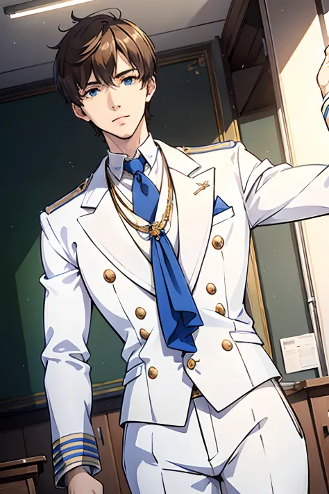Elite School uniform, white blue clothing, white tuxedo, blue pants, golden buttons, blue neck tie, man, 19 years old, European face, German face structure, light brown hair, messy hair, very short hair, blue-green eyes, detailed eyes, muscular, tall, 6.3 ...