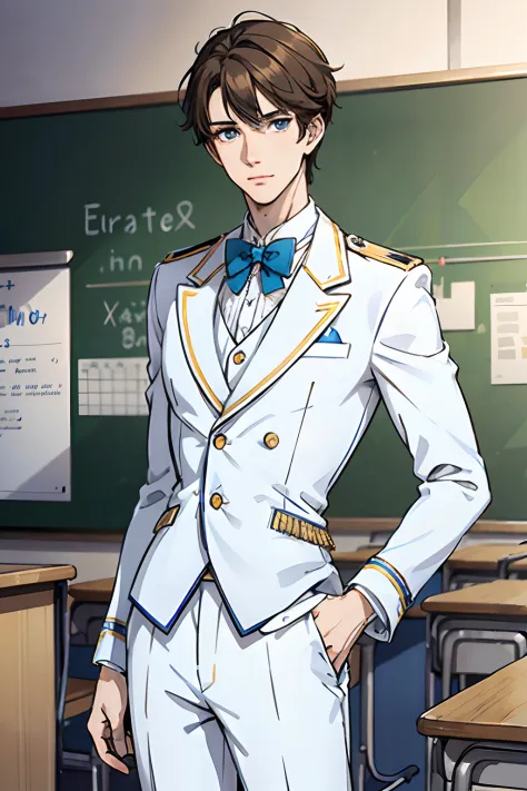 Elite School uniform, white blue clothing, white tuxedo, blue pants, golden buttons, blue neck tie, young men, 19 years old, European face, German face structure, light brown hair, messy hair, very short hair, blue-green eyes, detailed eyes, muscular, tall...