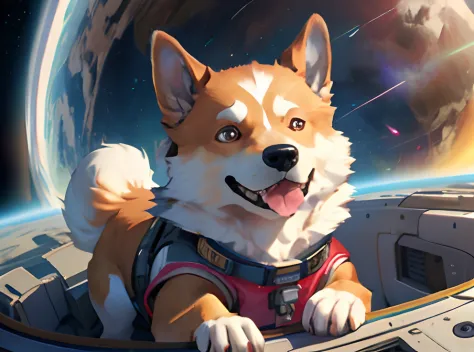 painting of an Akita Inu dog in a spacesuit flying through the air, He's in a spaceship, he's smiling with his tongue out, dente...
