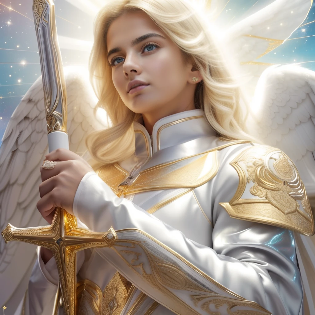 (((Holy GUARDIAN ANGEL. 1))) ((( With a serious and pious face. With a sweet and tender look))) (masterpiece, top quality, Best Quality, official art, beautiful and aesthetic: 1.2), (1girl), extremely detailed, (fractal art: 1.3), colorful, highest detailed, perfect face, Upper part of the body, HdR, (praying: 1.3), (golden lines of white coat: 1.2), Galaxy, (light streaks), eye-catching visuals, (dynamic stripes, luminous trails: 1.2), vibrant colors,