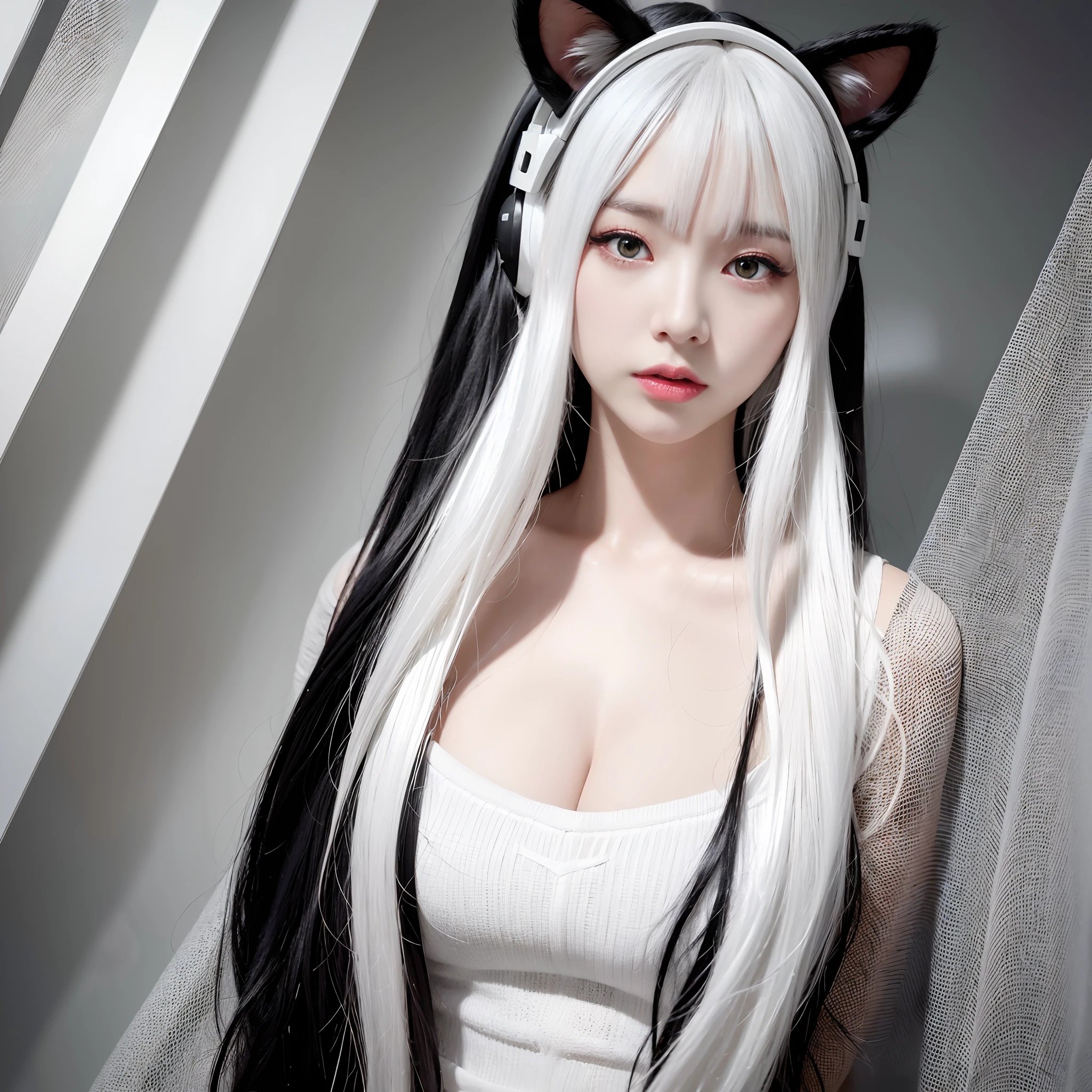 Black hair, White hair, White hair, White hair, White hair, Brown hair, White hair, Heart-shaped pupil, Cat Ear Headphones, blush, puckered lips, surrealism, surrealism, Sony FE, surrealism, 8K, Super Detail, nffsw ,full body Esbian,