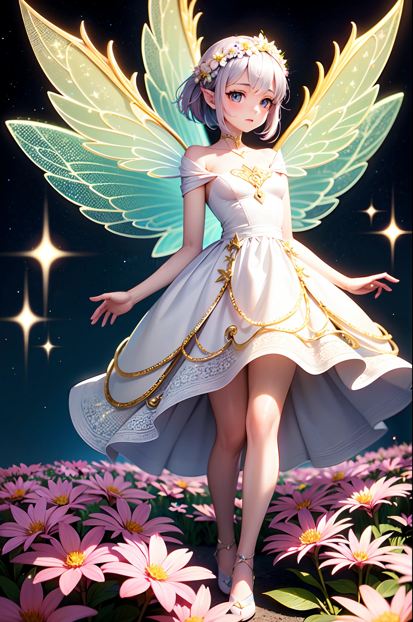 "A whimsical and beautiful fairy girl with intricate fairy wings, surrounded by swirling flowers and a gentle breeze. Her expression is naive, is full of magic and cuteness. The fairy is on a flowerbed surrounded by magic and sparkles, her wings and outfit have glitter and shine with a holo texture and patterns"