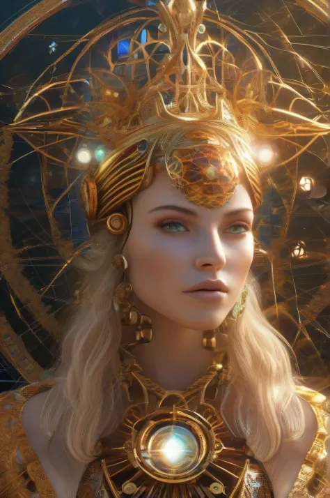 Algorithmically enhanced random close-up view of a sublime female Goddess covered in powerful Ultra Arcane magic sigils wearing an intricate living lightning fractal crown and lavishly adorned attire reflecting tactical sun-motes and diamond moon shards, q...