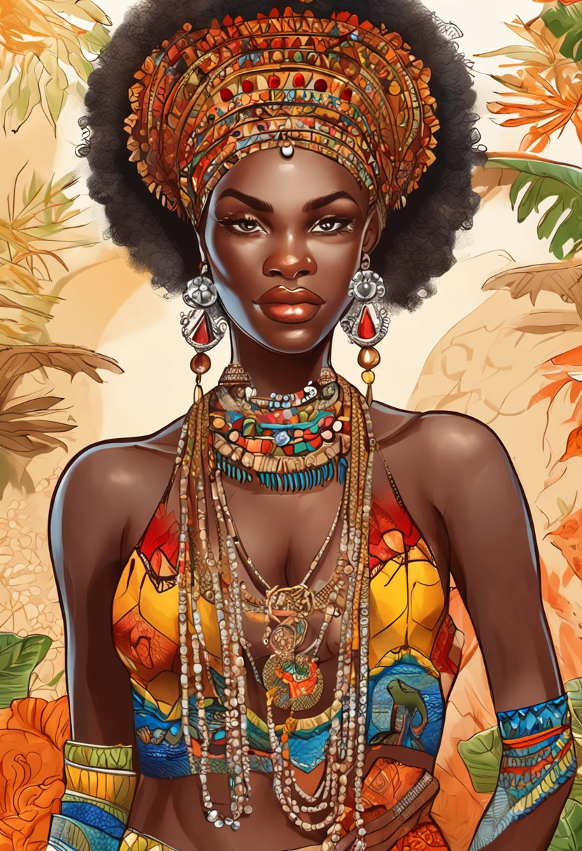 "Festa oficial Art Africa, Beautiful and Aesthetic, mulher negra, master part, belos olhos detalhados, olhos perfeitos , Liam Wong, 1 menina morena, (((red hair))), (((Africano))), bareshoulders,super detailed eyes, Cultura Africanoa, Saia Curta, sexy, umbigo, Very detailed,(pele altamente detalhada: 1.2), pele brilhante, pele oleosa, pele molhada, Cidade africana ao fundo, festa colorida,master part, best quality, Ultra high resolution detailed illustration with portrait focus. Artlista_Mililitro, estilo aquarela, Estilo de tinta, Sketch style,Primary works,(his distinctive appearance and personality shining through: 1.1) , ( A snapshot capturing the ethereal allure of the black woman within the enchanting forest:1.1)),Arte Oficial, Beautiful and Aesthetic, 512 mil, JUJU,cabelo sedoso, cabelos brilhantes, cintura pequena, extremamente bonito, textura da pele, tom de pele escuro, corpo extremamente definido, corpo atletico. Vestindo peito e shorts bem detalhados e refinados. She is seated on a majestic and exquisite throne with precious stones, trono detalhado de ouro e prata, trono acolchoado vermelho. imagem extremamente detalhada.perfeito_Hands, hand-painted lines, Linha de borda, marca de tinta, pencil line, vivid colors. Detailed depiction of girls wearing ruffled clothes and with beautifully detailed skin."JUJU