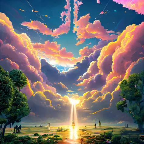 heaven if it were cyberpunk, volumetric, neon, clouds, bright lights, angelic, beautiful scenery