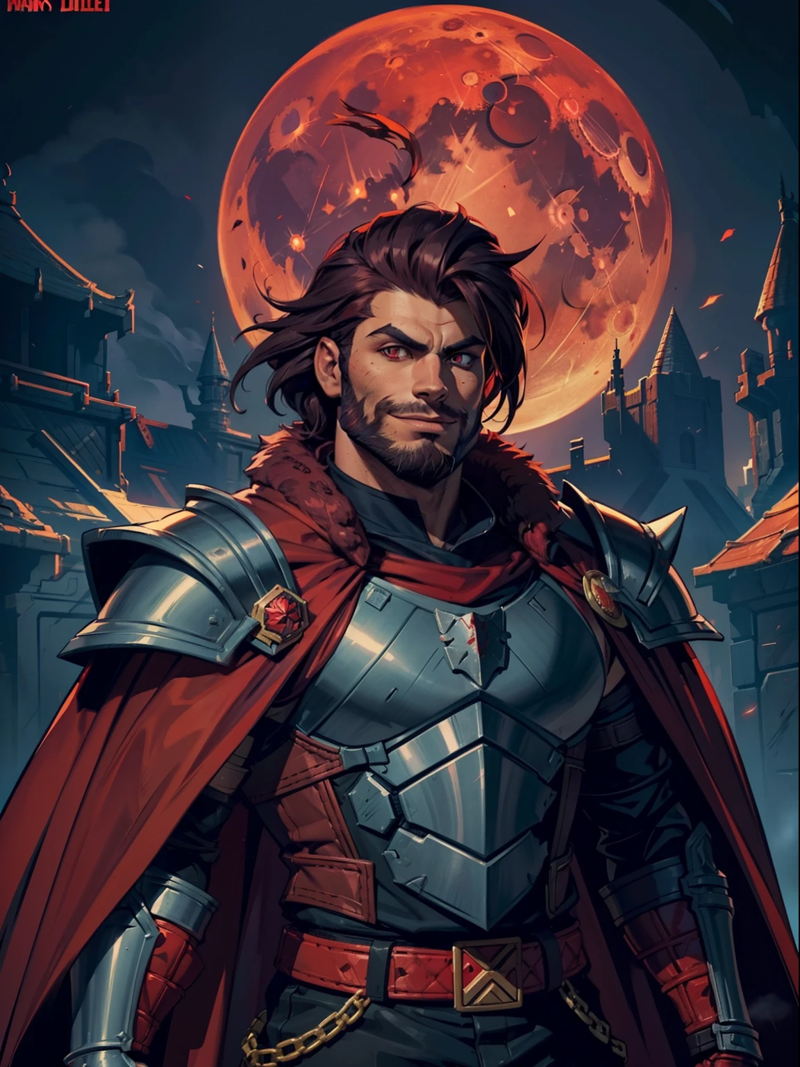Dark night blood moon background, Darkest Dungeon style, game portrait. Sadurang from Marvel, hunk, buffed physics, short mane hair, mullet, defined face, detailed eyes, short beard, glowing red eyes, dark hair, wily smile, badass, dangerous. Wearing full armor with red dragon scales, cape of furs. Breath fire.