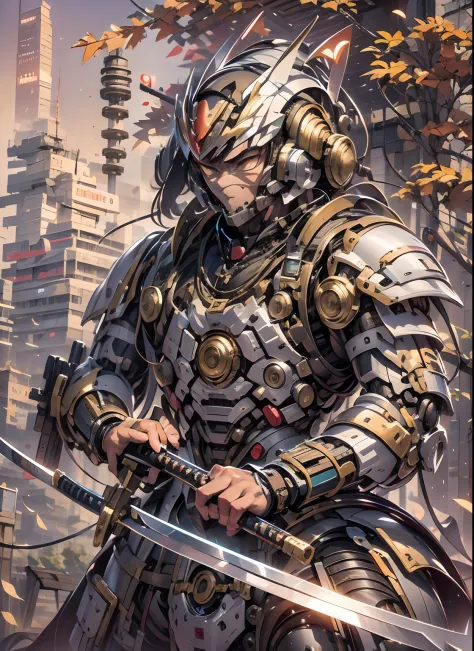 profundidade de campo, melhor qualidade, obra-prima, a samurai man in a mechanical suit holding a katana, futurista
