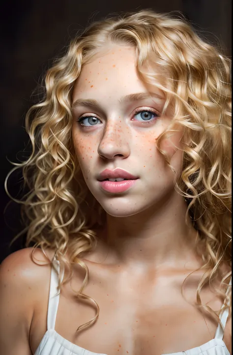 a photo portrait of a beautiful girl with curls and lots of freckles, (dirty blonde hair), (face portrait:1.5), dramatic light , Rembrandt lighting scheme, (hyperrealism:1.2), (8K UHD:1.2), (photorealistic:1.2), shot with Canon EOS 5D Mark IV, detailed fac...