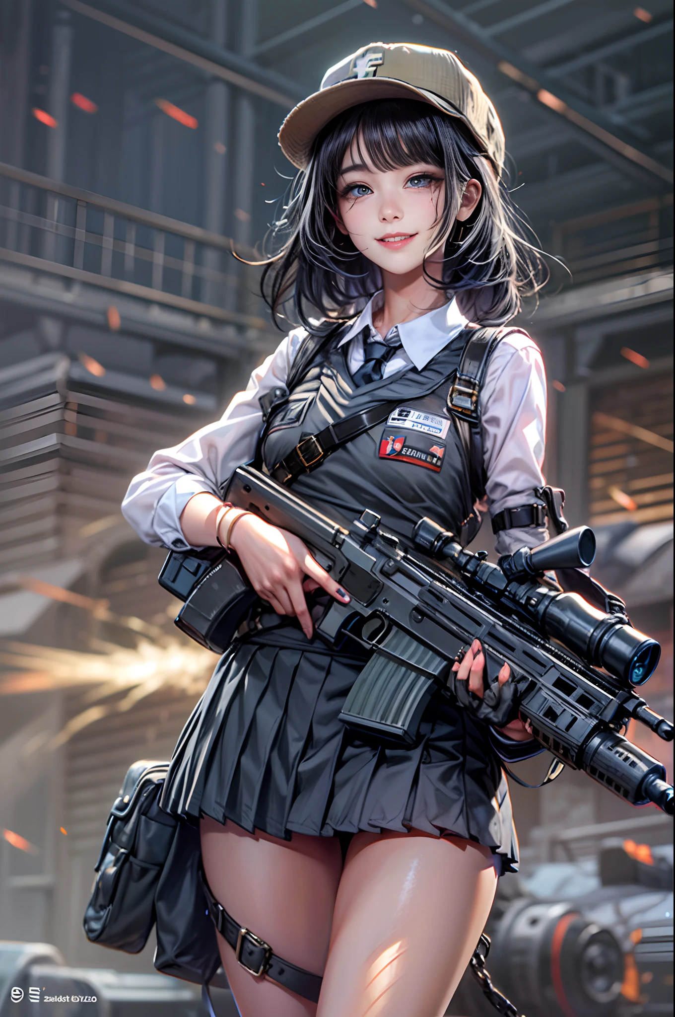 Photorealsitic, hight resolution, 1 rapariga, Korea person, Heterochromia eyes, small moles under eyes,(tmasterpiece), (top-quality), realisticlying, ciinematic light, ((Smiling  with machine gun)),  Posing with sexual overtones, Battlefield Background, the perfect body, Black eyes, Black hair、Blunt bangs、