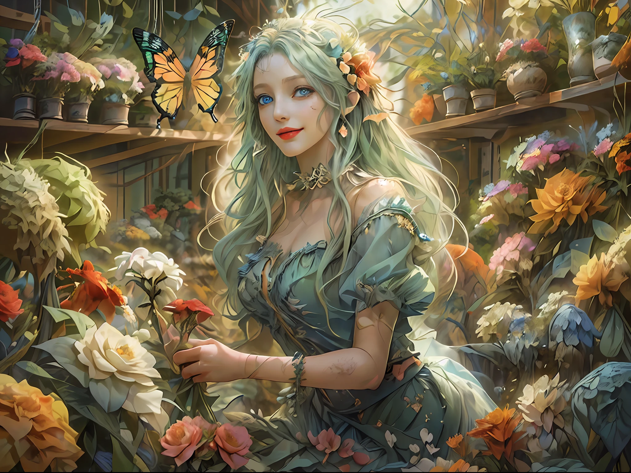 high details, best quality, 16k, RAW, [best detailed], masterpiece, best quality, (extremely detailed), full body, ultra wide shot, photorealistic, fantasy art, RPG art, D&D art, a picture of a female  fairy selling flowers in a florist shop, extremely beautifil fairy, ultra feminine (intense details, Masterpiece, best quality), best detailed face  (intense details, Masterpiece, best quality), wide butterfly wings, spread buterfly wings (intense details, Masterpiece, best quality), colorful wings (intense details, Masterpiece, best quality), light green hair, long hair, shinning hair, flowing hair, shy smile, innocent smile, blue eyes, red lips, wearing bright skirt, dynamic elegant shirt, chocker, wearing high heels, in flower shop (intense details, Masterpiece, best quality), extreme many flowers (intense details, Masterpiece, best quality), colorful flowers (intense details, Masterpiece, best quality), flower shop in a modern era street, High Detail, Ultra High Quality, High Resolution, 16K Resolution, Ultra HD Pictures, Ultra Realistic, Clear Details, Realistic Detail, Ultra High Definition
