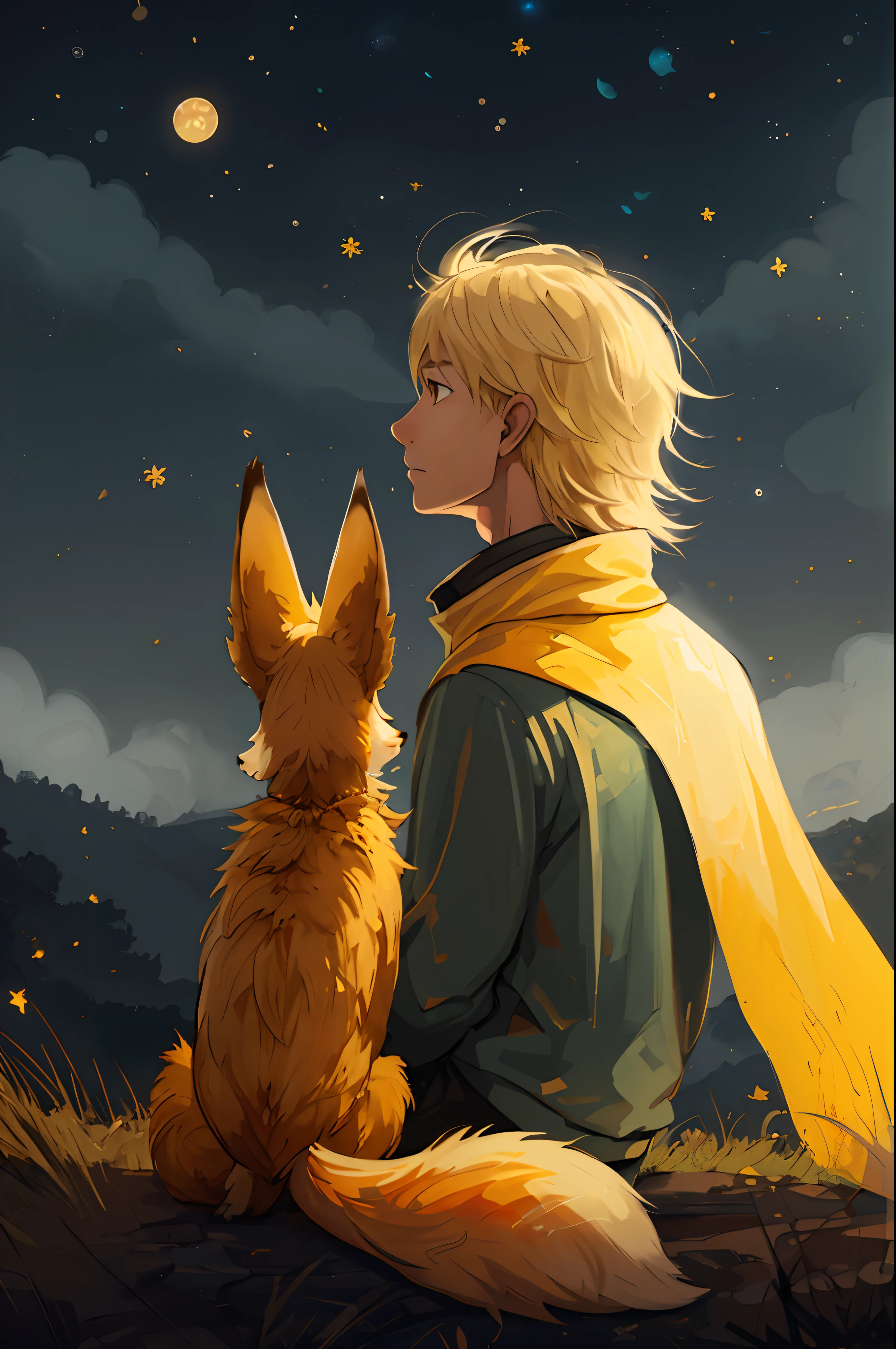 Ein blonder Junge sitzt auf dem Boden mit einem flauschigen Fuchs und schaut zu den Sternen., artgerm and atey ghailan, Der kleine Prinz, zerochan art, artwork in the style of guweiz, hochwertiges Fanart, Detailliertes Fanart, von Yang J, inspiriert von Caspar Wolf, Trends auf Artstation Pixiv, von Atey Ghailan