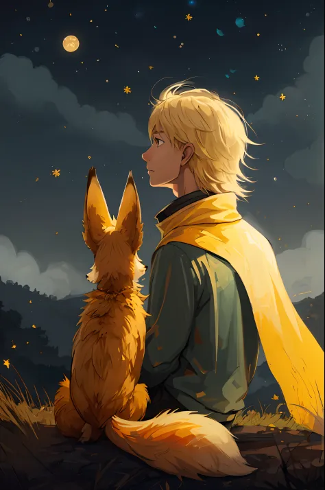 blond haired boy sitting on the ground with a fluffy fox looking at the stars, artgerm and atey ghailan, the little prince, zero...