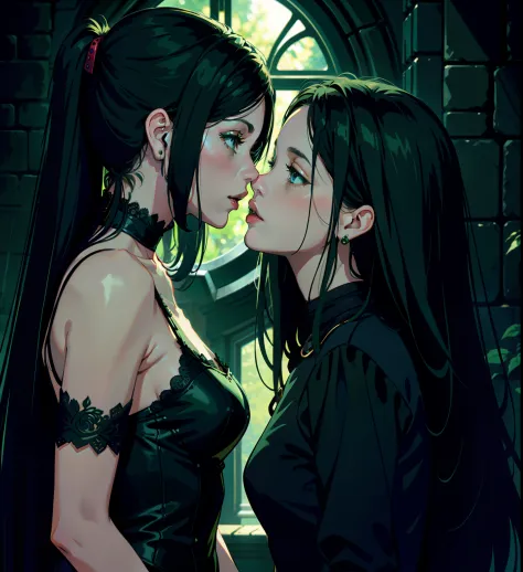 adesivo, fundo simples, portrait, 2 girls, couple, kissing, girl with long hair, beautiful gothic girl, gothic aesthetic, beauti...