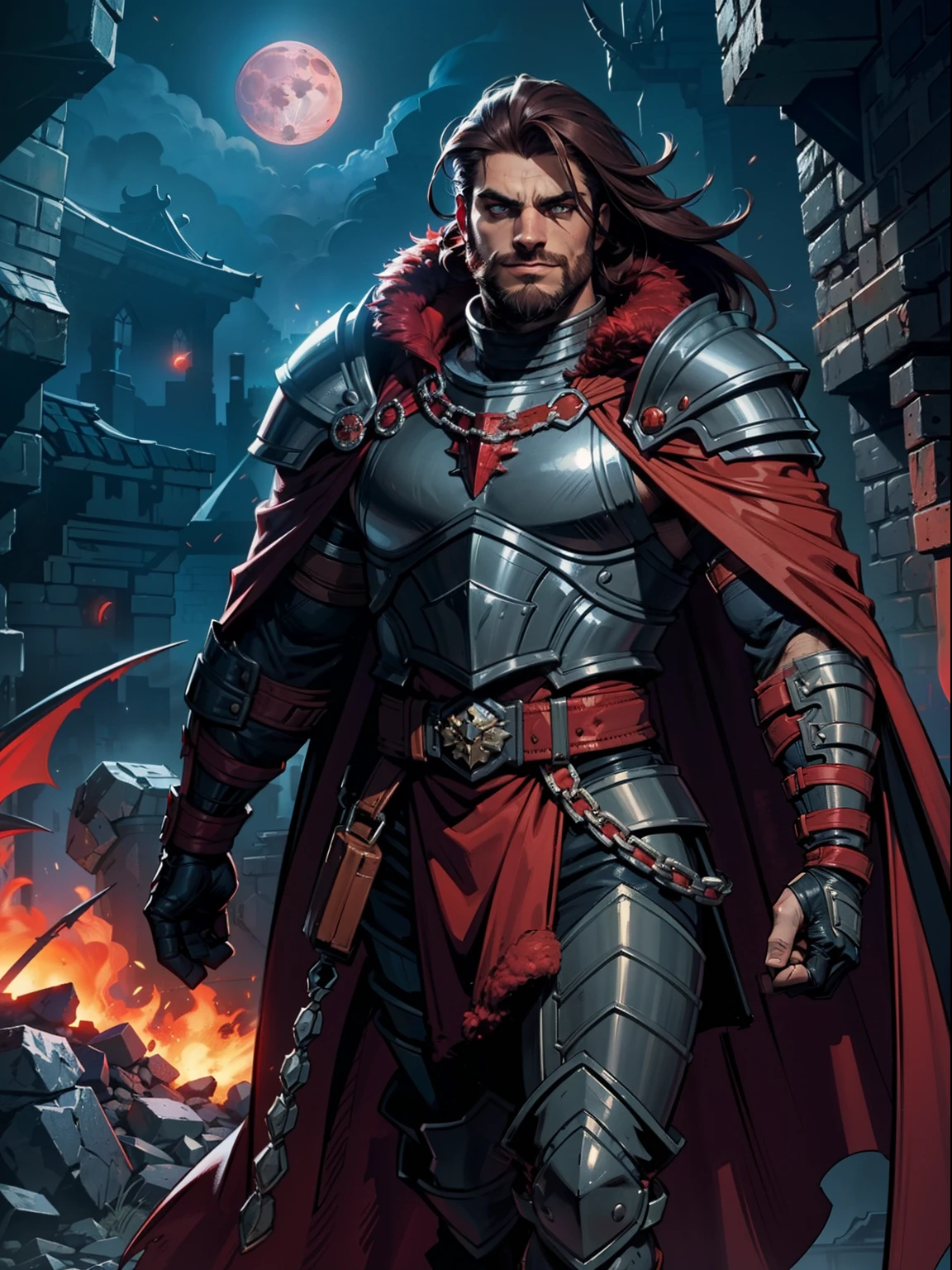 Dark night blood moon background, Darkest Dungeon style, walking. Sadurang from Marvel, hunk, buffed physics, short mane hair, mullet, defined face, detailed eyes, short beard, glowing red eyes, dark hair, wily smile, badass, dangerous. Wearing full armor with red dragon scales, cape of furs.