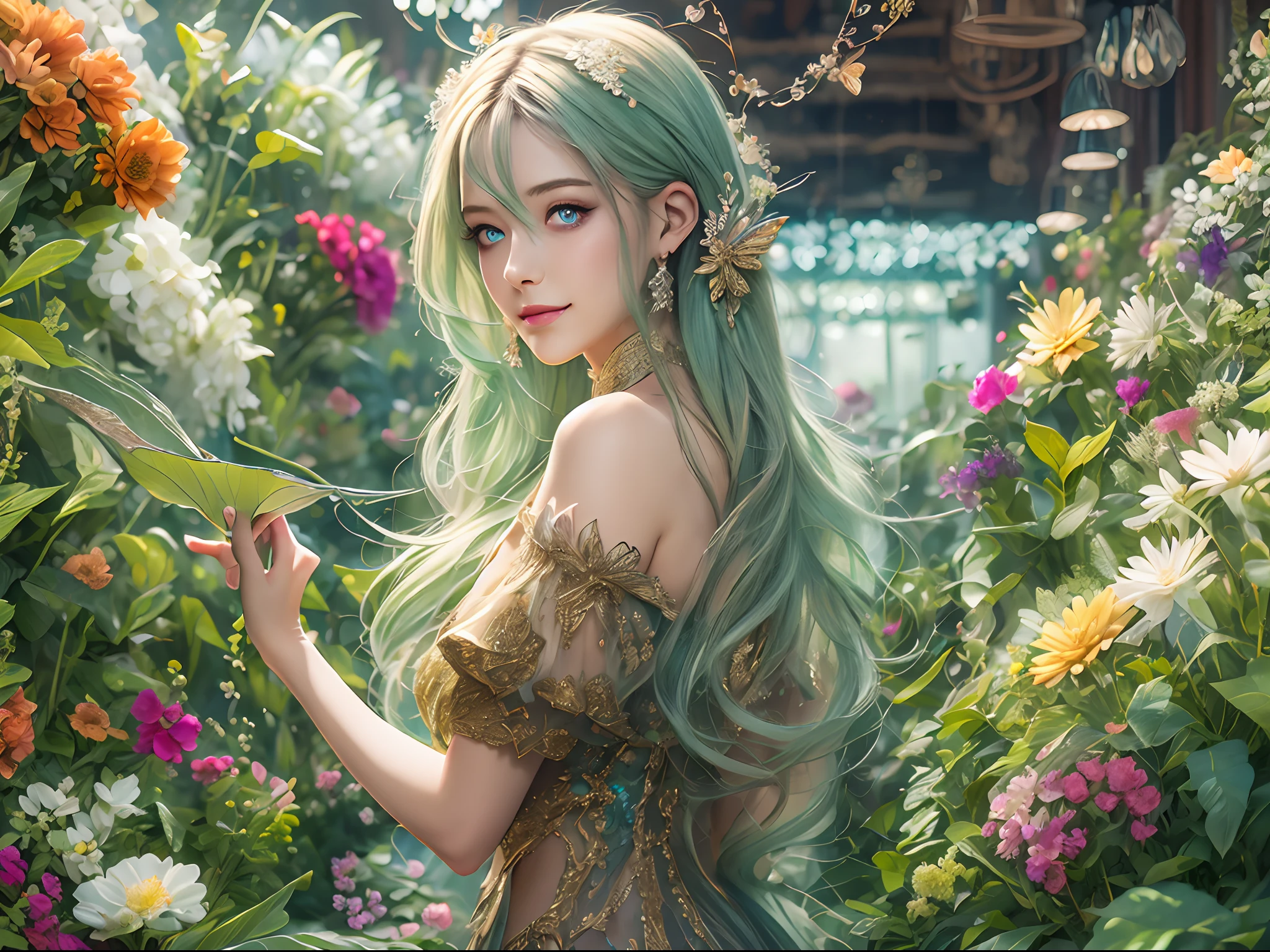 high details, best quality, 16k, RAW, [best detailed], masterpiece, best quality, (extremely detailed), full body, ultra wide shot, photorealistic, fantasy art, RPG art, D&D art, a picture of a female  fairy showing flowers in a florist shop, extremely beautifil fairy, ultra feminine (intense details, Masterpiece, best quality), best detailed face  (intense details, Masterpiece, best quality), having wide butterfly wings, spread buterfly wings (intense details, Masterpiece, best quality), colorful wings (intense details, Masterpiece, best quality), light green hair, long hair, shinning hair, flowing hair, shy smile, innocent smile, blue eyes, red lips, wearing bright skirt, dynamic elegant shirt, chocker, wearing high heels, in flower shop (intense details, Masterpiece, best quality), extreme many flowers (intense details, Masterpiece, best quality), colorful flowers (intense details, Masterpiece, best quality), flower shop in a modern era street, High Detail, Ultra High Quality, High Resolution, 16K Resolution, Ultra HD Pictures, 3D rendering Ultra Realistic, Clear Details, Realistic Detail, Ultra High Definition