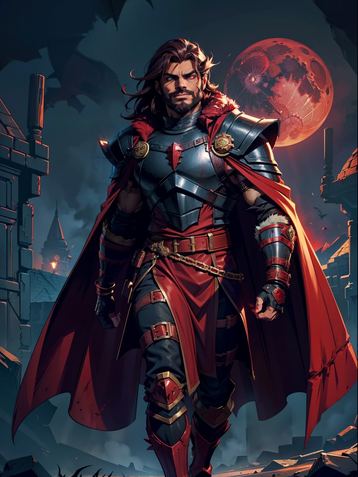 Dark night blood moon background, Darkest Dungeon style, walking. Sadurang from Marvel, hunk, buffed physics, short mane hair, mullet, defined face, detailed eyes, short beard, glowing red eyes, dark hair, wily smile, badass, dangerous. Wearing full red armor with dragon scales, cape of furs.
