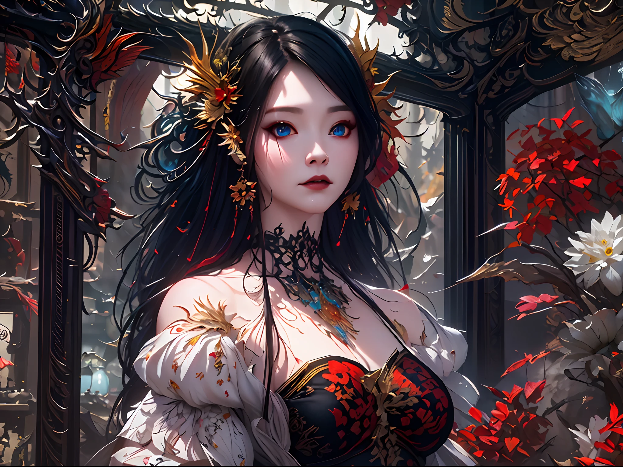 high details, best quality, 16k, RAW, [best detailed], masterpiece, best quality, (extremely detailed), full body, ultra wide shot, photorealistic, dark fantasy art, goth art, RPG art, D&D art, a picture of a dark female fairy showing flowers in a florist shop, extremely beautifil fairy, ultra feminine (intense details, Masterpiece, best quality), best detailed face (intense details, Masterpiece, best quality), having wide butterfly wings, spread buterfly wings (intense details, Masterpiece, best quality), dark colors wings (intense details, Masterpiece, best quality), black hair, long hair, shinning hair, flowing hair, shy smile, innocent smile, blue eyes, dark red lips, wearing red skirt, dynamic elegant shirt, chocker, wearing high heels, in flower shop (intense details, Masterpiece, best quality), extreme many flowers (intense details, Masterpiece, best quality), dark colorful flowers (intense details, Masterpiece, best quality), flower shop in a dark goth era street, model715,  High Detail, Ultra High Quality, High Resolution, 16K Resolution, Ultra HD Pictures, 3D rendering Ultra Realistic, Clear Details, Realistic Detail, Ultra High Definition