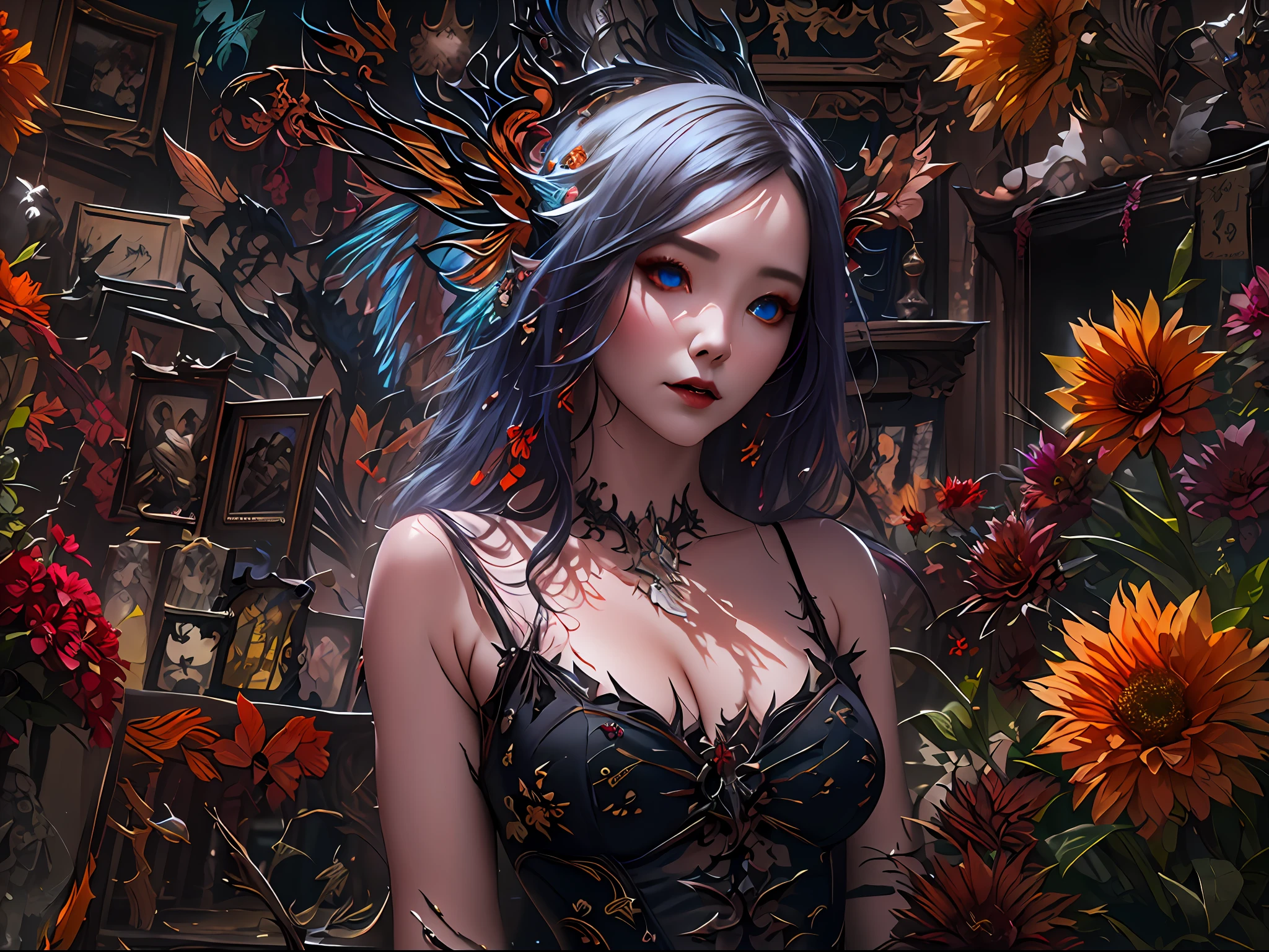 high details, best quality, 16k, RAW, [best detailed], masterpiece, best quality, (extremely detailed), full body, ultra wide shot, photorealistic, dark fantasy art, goth art, RPG art, D&D art, a picture of a dark female fairy showing flowers in a florist shop, extremely beautifil fairy, ultra feminine (intense details, Masterpiece, best quality), best detailed face (intense details, Masterpiece, best quality), having wide butterfly wings, spread buterfly wings (intense details, Masterpiece, best quality), dark colors wings (intense details, Masterpiece, best quality), black hair, long hair, shinning hair, flowing hair, shy smile, innocent smile, blue eyes, dark red lips, wearing red skirt, dynamic elegant shirt, chocker, wearing high heels, in flower shop (intense details, Masterpiece, best quality), extreme many flowers (intense details, Masterpiece, best quality), dark colorful flowers (intense details, Masterpiece, best quality), flower shop in a dark goth era street, model715,  High Detail, Ultra High Quality, High Resolution, 16K Resolution, Ultra HD Pictures, 3D rendering Ultra Realistic, Clear Details, Realistic Detail, Ultra High Definition