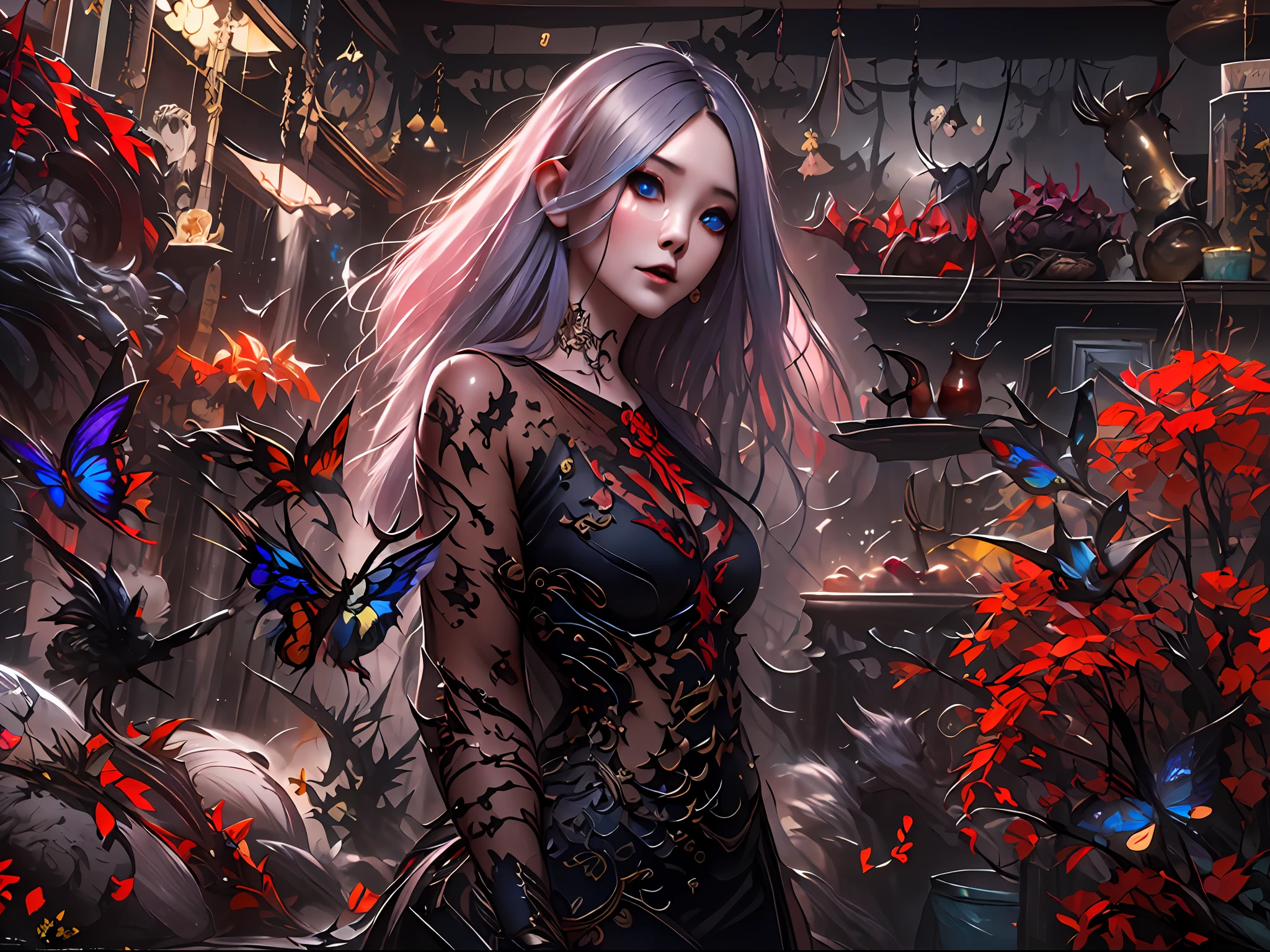 high details, best quality, 16k, RAW, [best detailed], masterpiece, best quality, (extremely detailed), full body, ultra wide shot, photorealistic, dark fantasy art, goth art, RPG art, D&D art, a picture of a dark female fairy showing flowers in a florist shop, extremely beautifil fairy, ultra feminine (intense details, Masterpiece, best quality), best detailed face (intense details, Masterpiece, best quality), having wide butterfly wings, spread buterfly wings (intense details, Masterpiece, best quality), dark colors wings (intense details, Masterpiece, best quality), black hair, long hair, shinning hair, flowing hair, shy smile, innocent smile, blue eyes, dark red lips, wearing red skirt, dynamic elegant shirt, chocker, wearing high heels, in flower shop (intense details, Masterpiece, best quality), extreme many flowers (intense details, Masterpiece, best quality), dark colorful flowers (intense details, Masterpiece, best quality), flower shop in a dark goth era street, model715,  High Detail, Ultra High Quality, High Resolution, 16K Resolution, Ultra HD Pictures, 3D rendering Ultra Realistic, Clear Details, Realistic Detail, Ultra High Definition