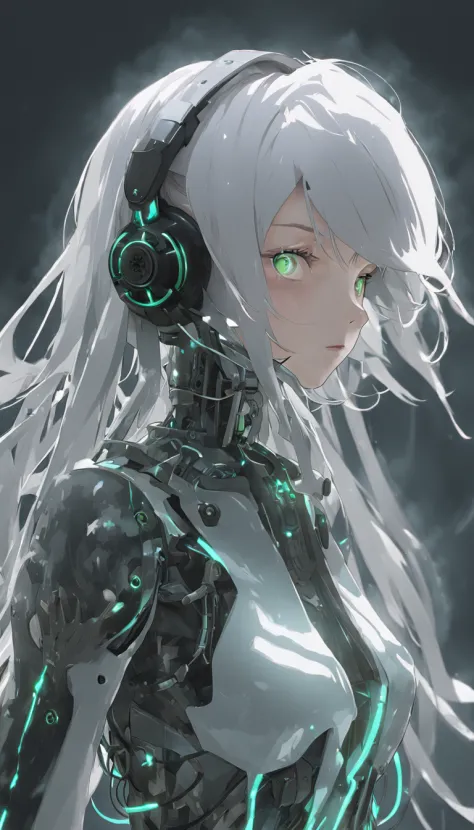 android woman,translucent plastic body with robotic skeleton,carbon textured,plastic face,serene glowing eyes,asimetrical long spike hair,white hair,green eyes,headphones,gas mask,by wlop,realistic,8k,HDR,stable diffusion xl,agressive art style,cute girl