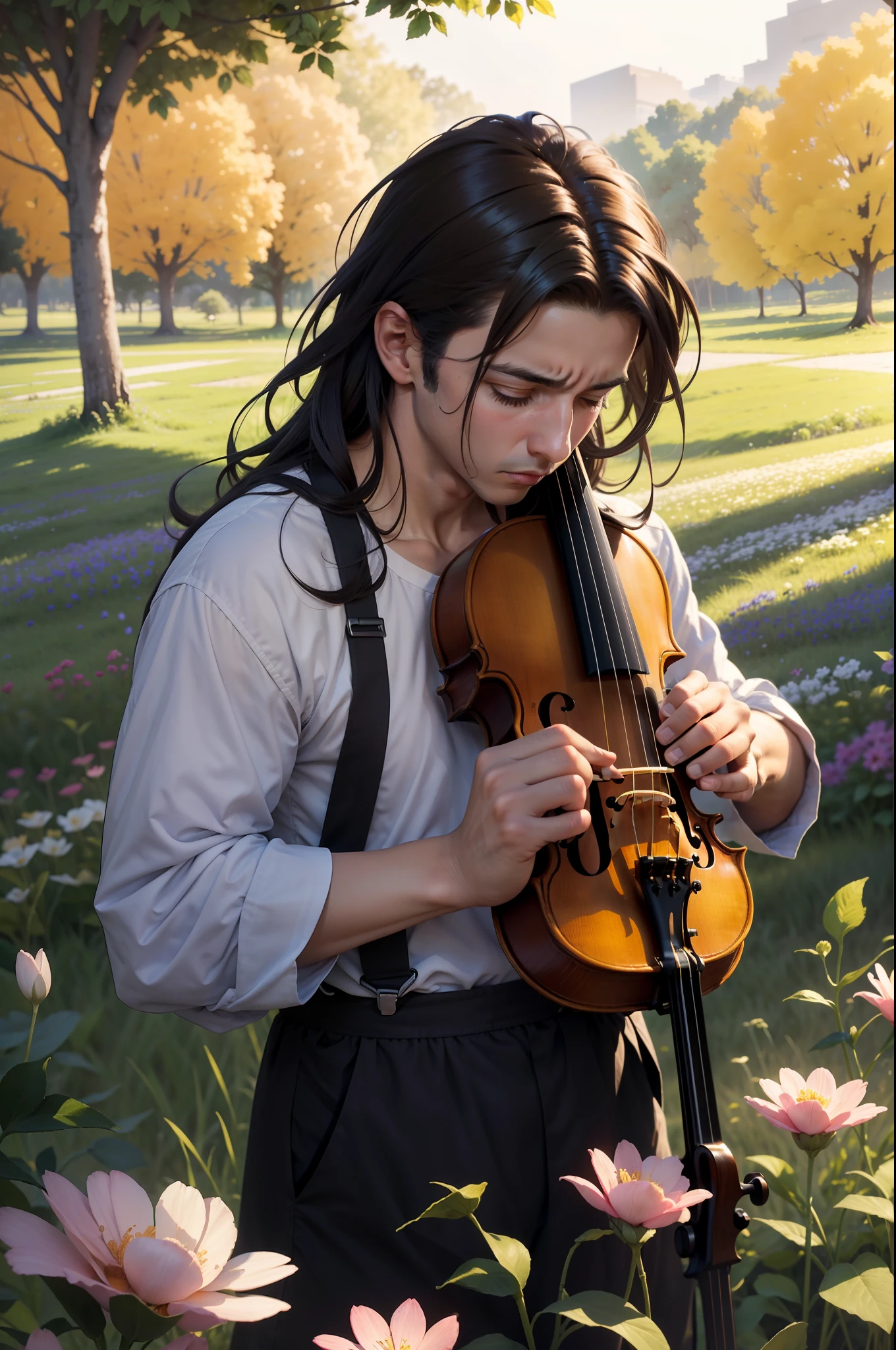 homem chorando com um violino em um campo cheio de flores, realista, cinematico, (Absurdo, alta resolução, hiper detalhado, HDR), obra prima，,Melhor Quarity, ，1Pessoas do sexo masculino.