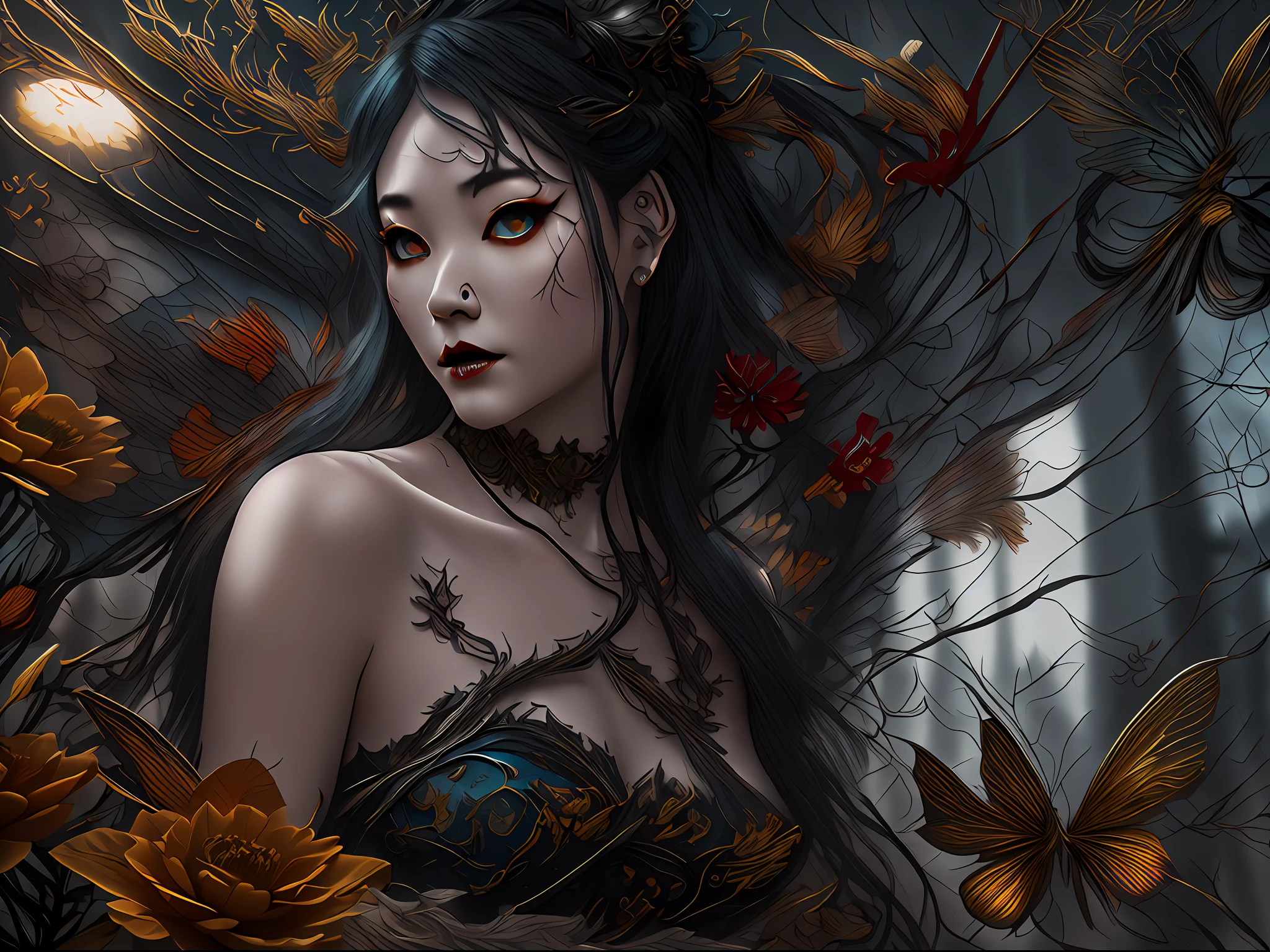 high details, best quality, 16k, RAW, [best detailed], masterpiece, best quality, (extremely detailed), full body, ultra wide shot, photorealistic, dark fantasy art, goth art, RPG art, D&D art, a picture of a dark female fairy showing flowers in a florist shop, extremely beautifil fairy, ultra feminine (intense details, Masterpiece, best quality), best detailed face (intense details, Masterpiece, best quality), having wide butterfly wings, spread buterfly wings (intense details, Masterpiece, best quality), dark colors wings (intense details, Masterpiece, best quality), black hair, long hair, shinning hair, flowing hair, shy smile, innocent smile, blue eyes, dark red lips, wearing red skirt, dynamic elegant shirt, chocker, wearing high heels, in flower shop (intense details, Masterpiece, best quality), [extreme many flowers] (intense details, Masterpiece, best quality), dark colorful flowers (intense details, Masterpiece, best quality), flower shop in a dark goth era street, model715,  High Detail, Ultra High Quality, High Resolution, 16K Resolution, Ultra HD Pictures, 3D rendering Ultra Realistic, Clear Details, Realistic Detail, Ultra High Definition
