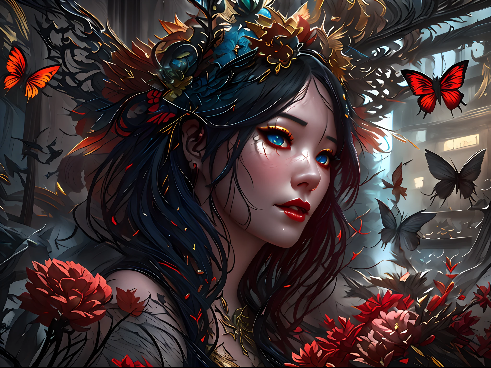 high details, best quality, 16k, RAW, [best detailed], masterpiece, best quality, (extremely detailed), full body, ultra wide shot, photorealistic, dark fantasy art, goth art, RPG art, D&D art, a picture of a dark female fairy showing flowers in a florist shop, extremely beautifil fairy, ultra feminine (intense details, Masterpiece, best quality), best detailed face (intense details, Masterpiece, best quality), having wide butterfly wings, spread buterfly wings (intense details, Masterpiece, best quality), dark colors wings (intense details, Masterpiece, best quality), black hair, long hair, shinning hair, flowing hair, shy smile, innocent smile, blue eyes, dark red lips, wearing red skirt, dynamic elegant shirt, chocker, wearing high heels, in flower shop (intense details, Masterpiece, best quality), extreme many flowers (intense details, Masterpiece, best quality), dark colorful flowers (intense details, Masterpiece, best quality), flower shop in a dark goth era street, model715,  High Detail, Ultra High Quality, High Resolution, 16K Resolution, Ultra HD Pictures, 3D rendering Ultra Realistic, Clear Details, Realistic Detail, Ultra High Definition