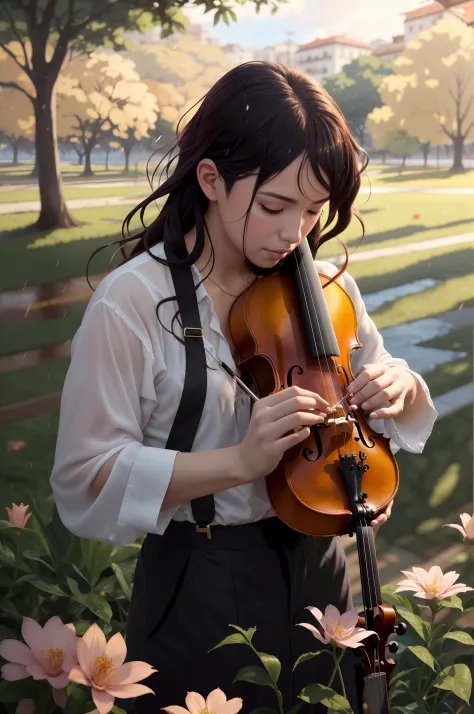 There's a woman who's holding a violin in her hands, (violino fantasia), por Yang J, fanart detalhado, Arte Oficial, Arte no est...