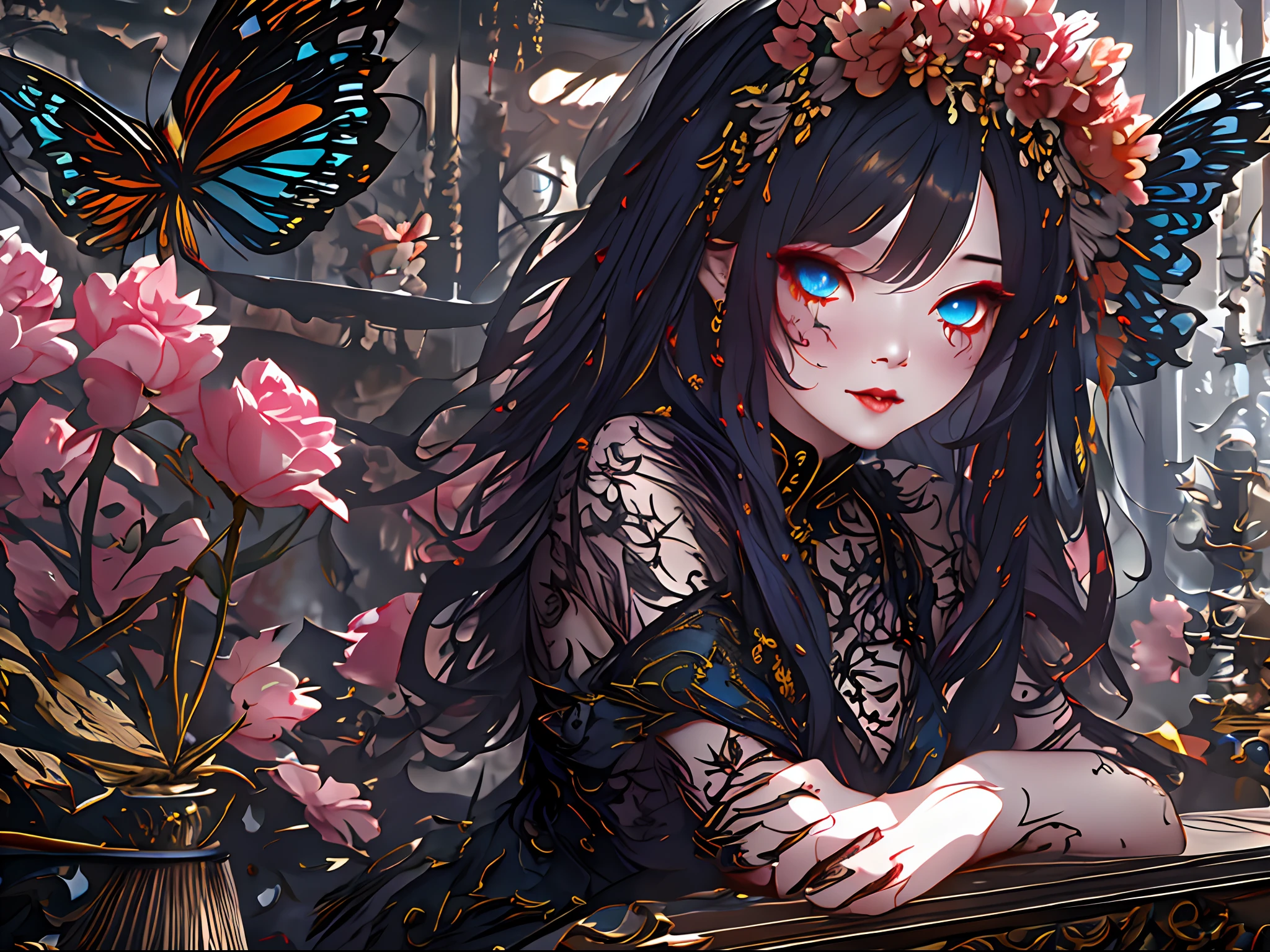 high details, best quality, 16k, RAW, [best detailed], masterpiece, best quality, (extremely detailed), full body, ultra wide shot, photorealistic, dark fantasy art, goth art, RPG art, D&D art, a picture of a dark female fairy showing flowers in a florist shop, extremely beautifil fairy, ultra feminine (intense details, Masterpiece, best quality), best detailed face (intense details, Masterpiece, best quality), having wide butterfly wings, spread buterfly wings (intense details, Masterpiece, best quality), dark colors wings (intense details, Masterpiece, best quality), black hair, long hair, shinning hair, flowing hair, shy smile, innocent smile, blue eyes, dark red lips, wearing red skirt, dynamic elegant shirt, chocker, wearing high heels, in flower shop (intense details, Masterpiece, best quality), [extreme many flowers] (intense details, Masterpiece, best quality), dark colorful flowers (intense details, Masterpiece, best quality), flower shop in a dark goth era street, model715,  High Detail, Ultra High Quality, High Resolution, 16K Resolution, Ultra HD Pictures, 3D rendering Ultra Realistic, Clear Details, Realistic Detail, Ultra High Definition