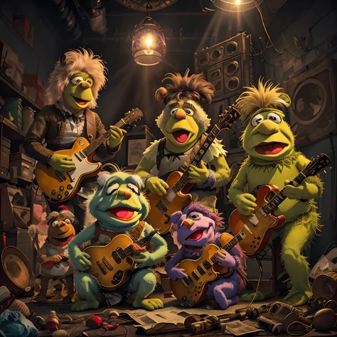 Araffes and other musical instruments are posed in a room, punk Muppet, Directed by: Ron Walotsky, Muppets, Directed by: Patrick...