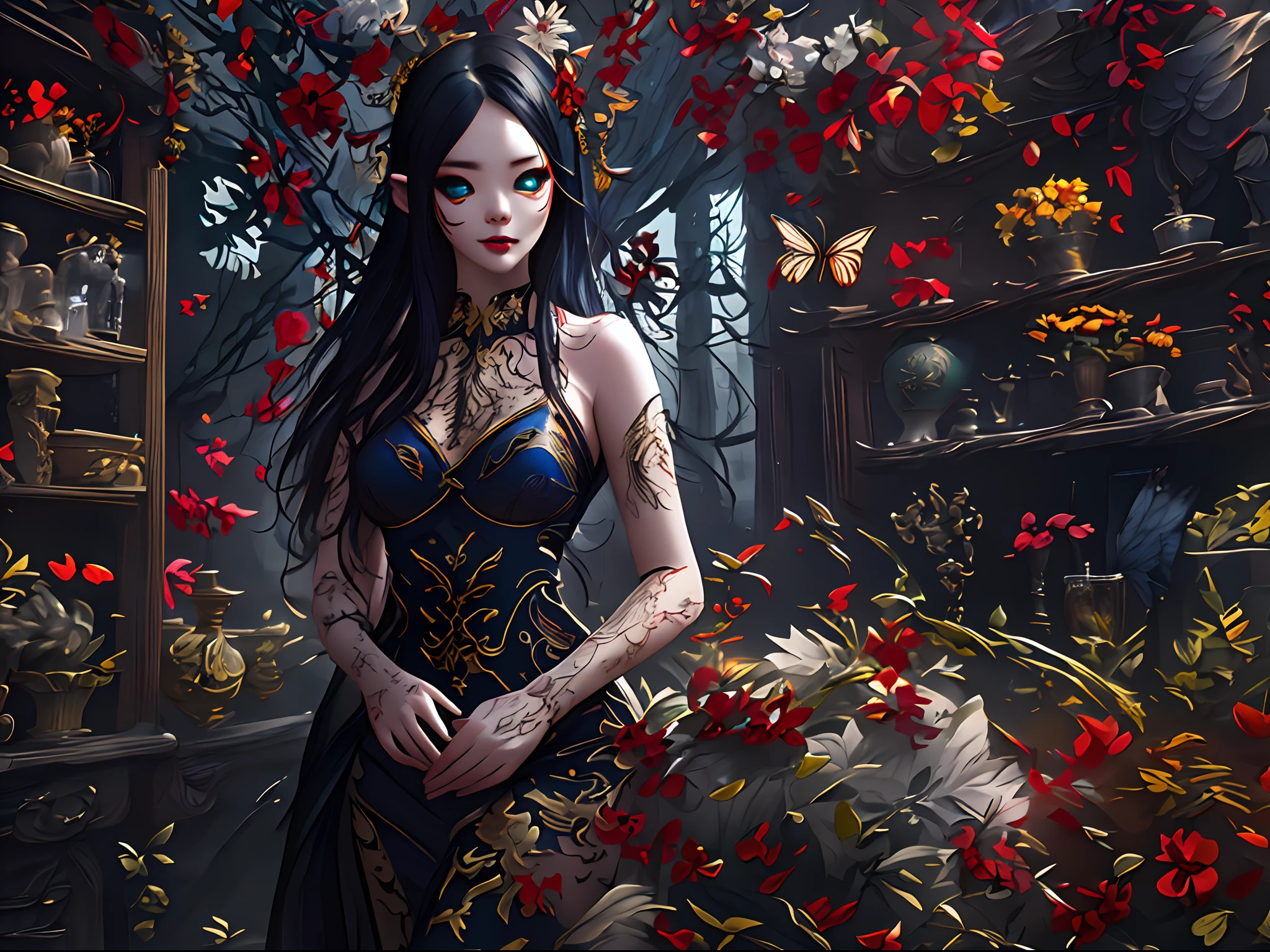 high details, best quality, 16k, RAW, [best detailed], masterpiece, best quality, (extremely detailed), full body, ultra wide shot, photorealistic, dark fantasy art, goth art, RPG art, D&D art, a picture of a dark female fairy showing flowers in a florist shop, extremely beautifil fairy, ultra feminine (intense details, Masterpiece, best quality), best detailed face (intense details, Masterpiece, best quality), having wide butterfly wings, spread buterfly wings (intense details, Masterpiece, best quality), dark colors wings (intense details, Masterpiece, best quality), black hair, long hair, shinning hair, flowing hair, shy smile, innocent smile, blue eyes, dark red lips, wearing red skirt, dynamic elegant shirt, chocker, wearing high heels, in flower shop (intense details, Masterpiece, best quality), [extreme many flowers] (intense details, Masterpiece, best quality), dark colorful flowers (intense details, Masterpiece, best quality), flower shop in a dark goth era street, model715,  High Detail, Ultra High Quality, High Resolution, 16K Resolution, Ultra HD Pictures, 3D rendering Ultra Realistic, Clear Details, Realistic Detail, Ultra High Definition