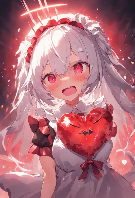 White Hair, Maid Headdress, Heart Shaped Pupils, Heterochromia, Red