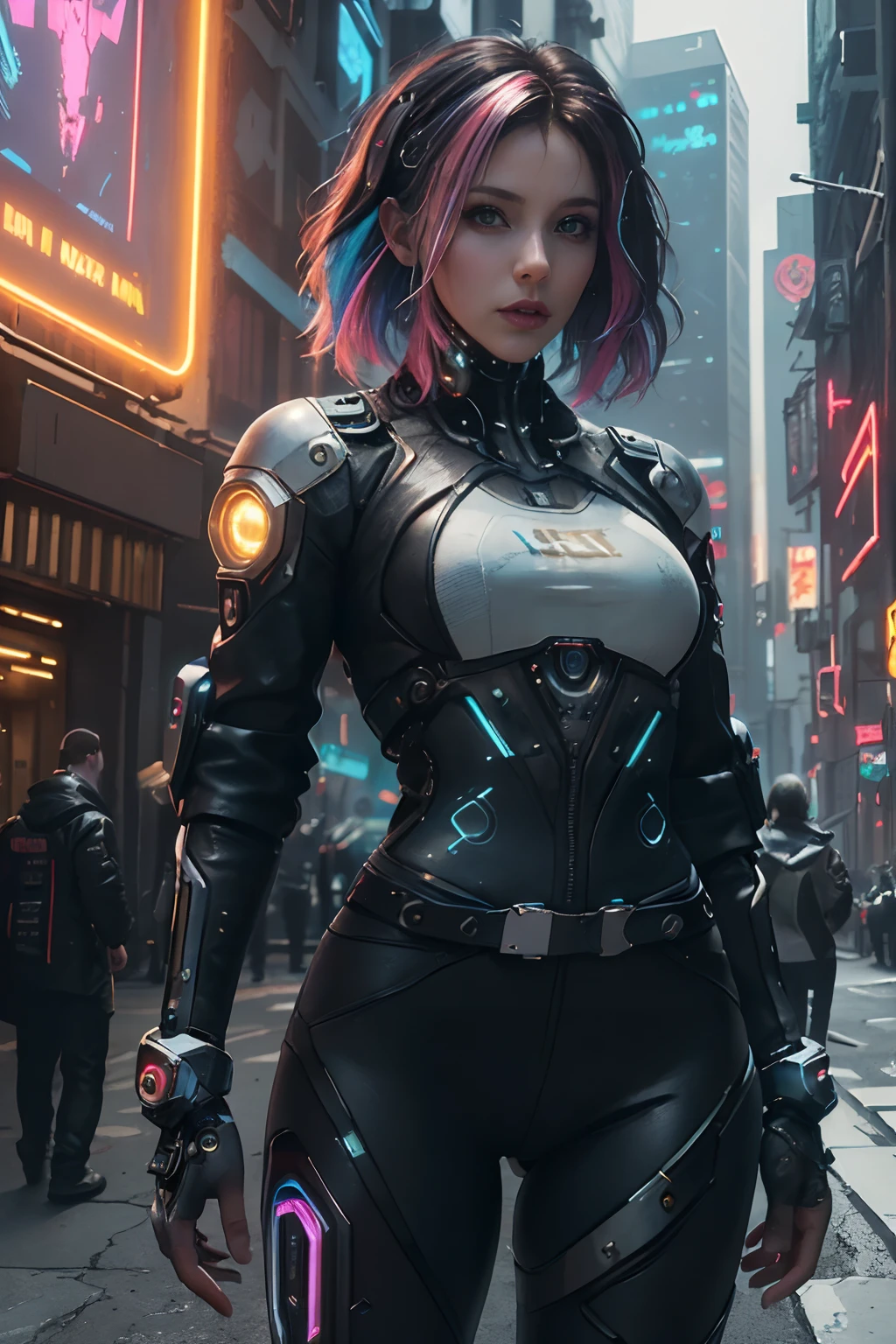 (Photorealistic:1.4) image of a cyber punk girl, (top-quality, 8K, 32K, masterpiece), (dynamic pose), ((facing camera)), (looking at camera), cowboy shot, shapeless hair, colorful hair, colorful cyberpunk clothing, depth of field f/1.8, cyberpunk city background, cinematic lighting.