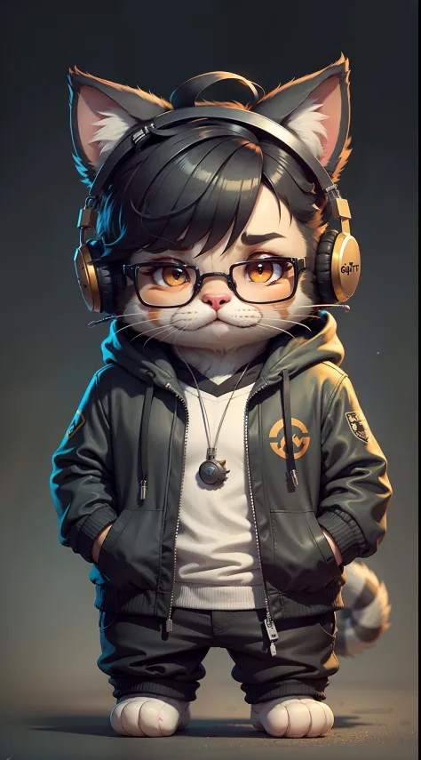 C4tt4stic, two cats, ful body, Cartoon cat wearing headphones and jacket, huge thick black glasses, black short hair, a cute、tmasterpiece、Top image quality、