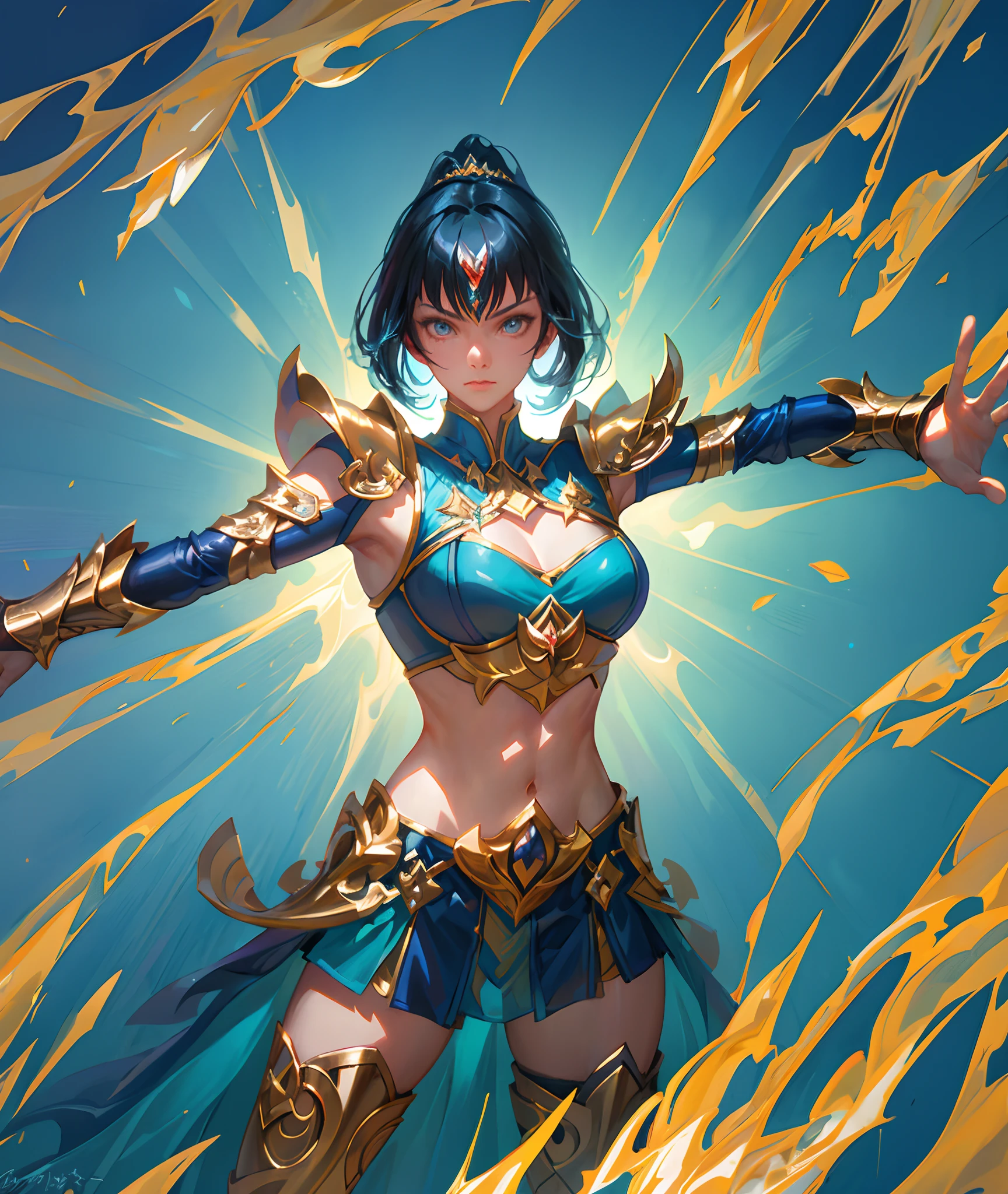 Ultra-high saturation，（tmasterpiece）， fully body photo，（best qualtiy）， （1girll）， starryskybackground，Wearing shiny gold armor， Sexy lingerie type armor，Expose your chest，Expose the waistline，Exposing thighs，cool-pose， Saint Seiya Armor， messy  hair，high detal, Anime style, Cinematic lighting, Sparkle, god light, Ray traching, filmgrain, hyper HD, textureskin, super detailing, Anatomical correct, A high resolution，Ultra-high saturation，hight contrast，High-gloss armor，Smooth skin，Serious expressions,Dark room,