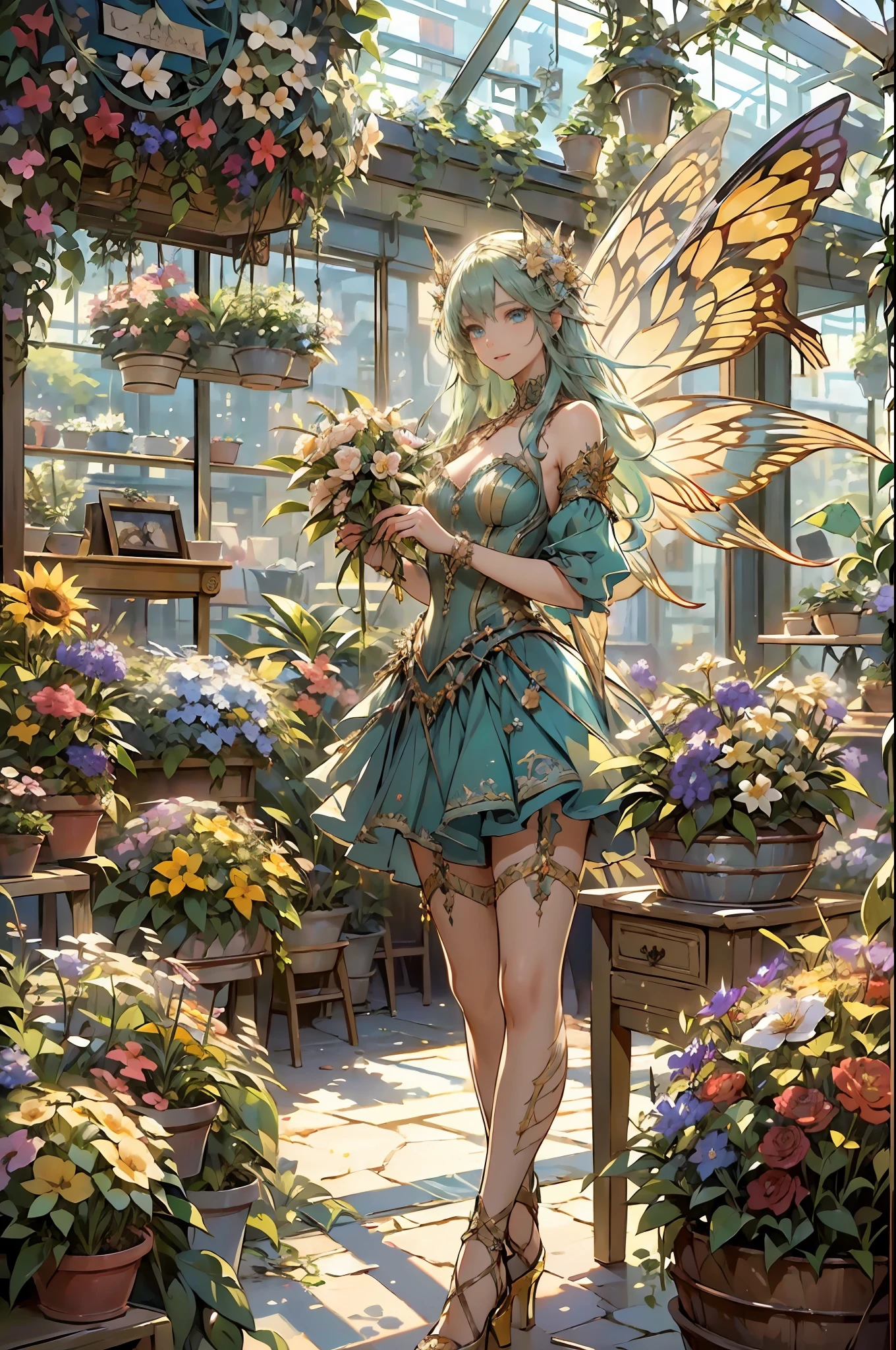 high details, best quality, 16k, RAW, [best detailed], masterpiece, best quality, (extremely detailed), full body, ultra wide shot, photorealistic, fantasy art, RPG art, D&D art, a picture of a fairy selling flowers in a florist shop, extremely beautifil fairy, ultra feminine (intense details, Masterpiece, best quality), butterfly wings (intense details, Masterpiece, best quality), multy colors wings (intense details, Masterpiece, best quality), light green hair, long hair, shinning hair, flowing hair, shy smile, innocent smile, blue eyes, wearing bright skirt, dynamic elegant shirt, chocker, wearing high heels, in flower shop (intense details, Masterpiece, best quality), extreme many flowers (intense details, Masterpiece, best quality), colorful flowers (intense details, Masterpiece, best quality), flower shop in a modern era street, High Detail, Ultra High Quality, High Resolution, 16K Resolution, Ultra HD Pictures, Ultra Realistic, Clear Details, Realistic Detail, Ultra High Definition