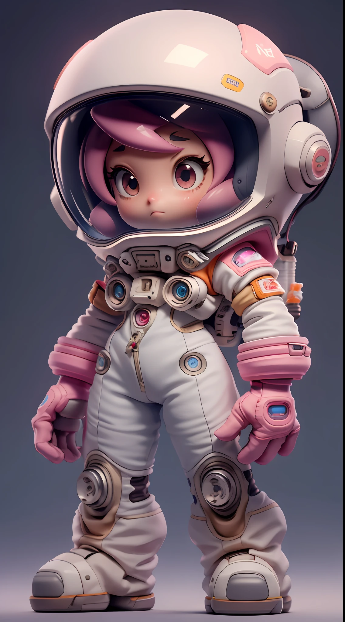 obra de arte, melhor qualidade, 8K, luz cinematográfica, resolução ultra alta, chibi, 1 garota, Sozinho, astronauta, traje espacial, Capacete, space Capacete, corpo todo, luvas, de pé, cabelo rosa,