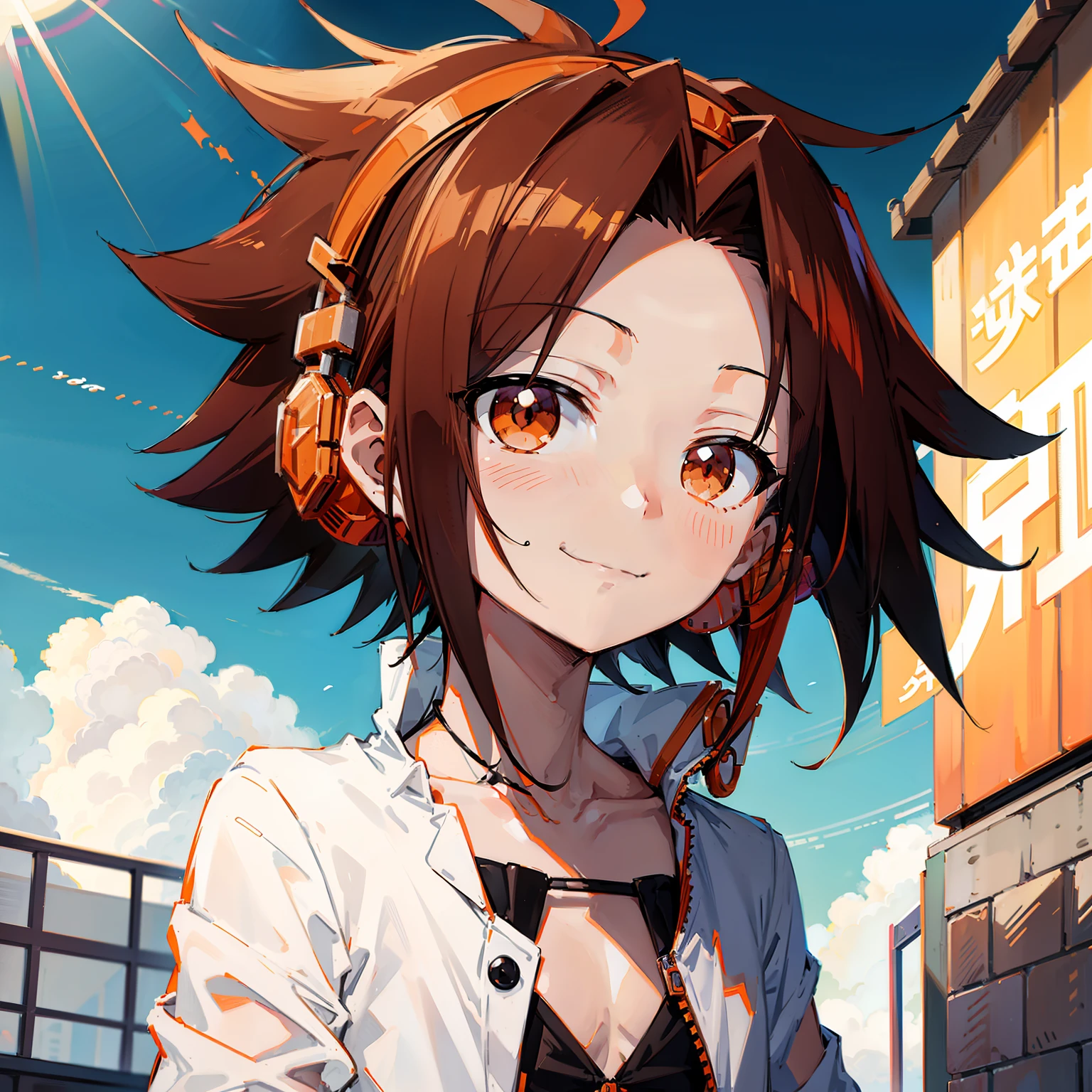 Anime boy, 1 boy, orange headphones in neck, Asakura Yoh, bown hair, split hair, split frontal bangs, hair parted in the front, medium hair, smile, brown pupils, extremely detailed eyes, white shirt, collar