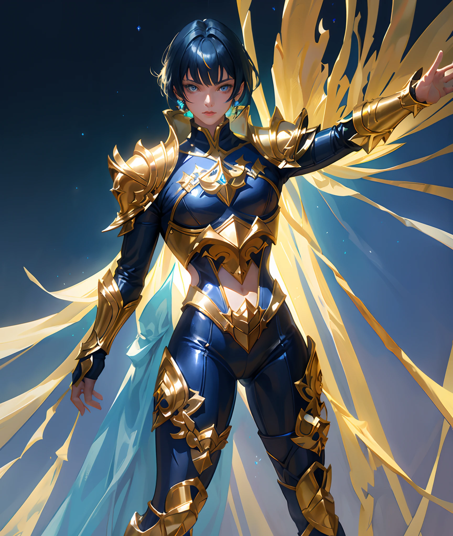 Ultra-high saturation，（tmasterpiece）， fully body photo，（best qualtiy）， （1girll）， starryskybackground，Wearing shiny gold armor， Sexy lingerie type armor，Expose your chest，Expose the waistline，Exposing thighs，cool-pose， Saint Seiya Armor， messy  hair，high detal, Anime style, Cinematic lighting, Sparkle, god light, Ray traching, filmgrain, hyper HD, textureskin, super detailing, Anatomical correct, A high resolution，Ultra-high saturation，hight contrast，High-gloss armor，Smooth skin，Serious expressions,Dark room,